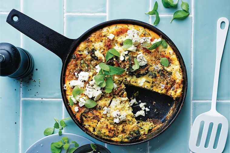Wilted greens, sauerkraut, leek and feta frittata
